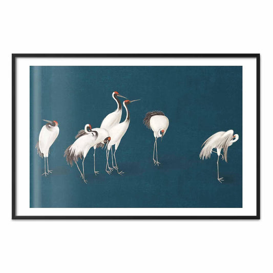 Poster - Evening at the Pond - group of cranes drawn in dry pastel on a dark turquoise background