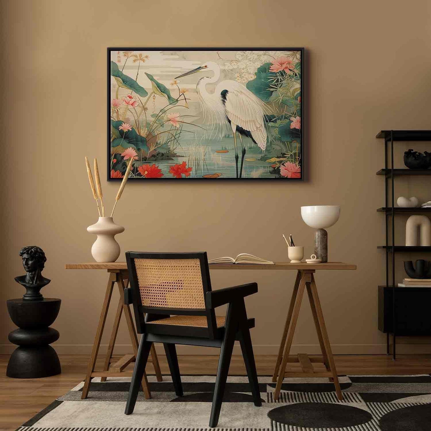 Leinwandbild - By an Asian pond - an illustration in the style of a Japanese engraving, depicting a heron