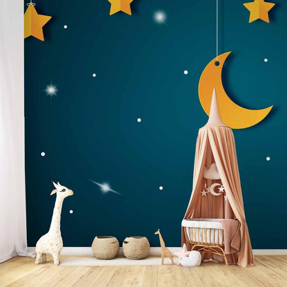 Fototapete - Skyline - turquoise night sky landscape with stars for children Artgeist