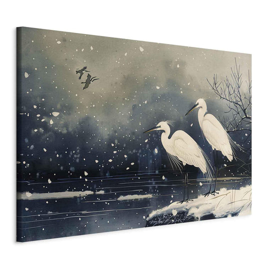 Wandbild XXL - Herons over a winter pond - Japanese-style illustration in dark colours