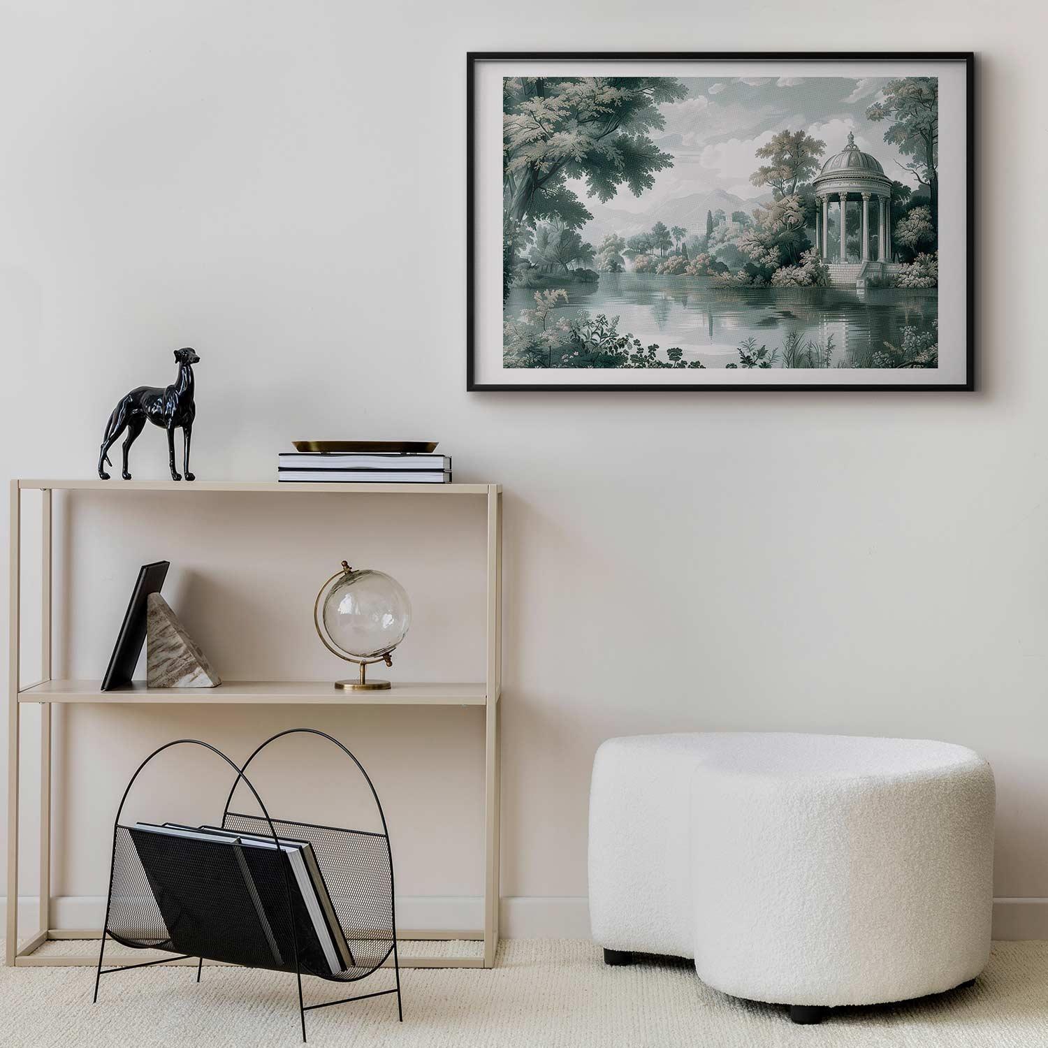 Poster featuring a retro green landscape with park and lake in elegant interior setting.