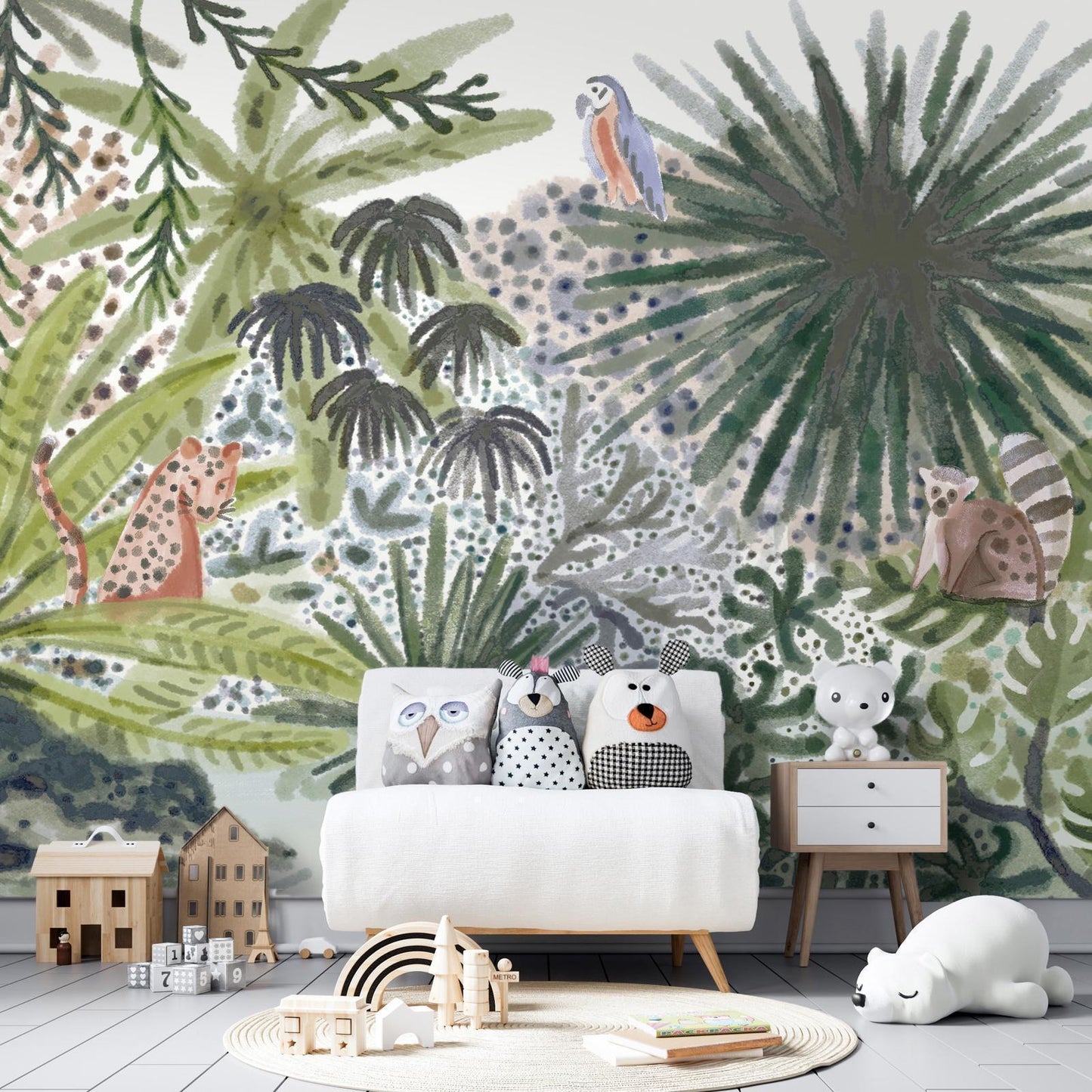 Fototapete - Flora von Madagaskar - Tropische Landschaft mit exotischen Aquarell-Tieren