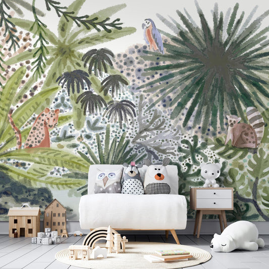 Fototapete - Flora von Madagaskar - Tropische Landschaft mit exotischen Aquarell-Tieren