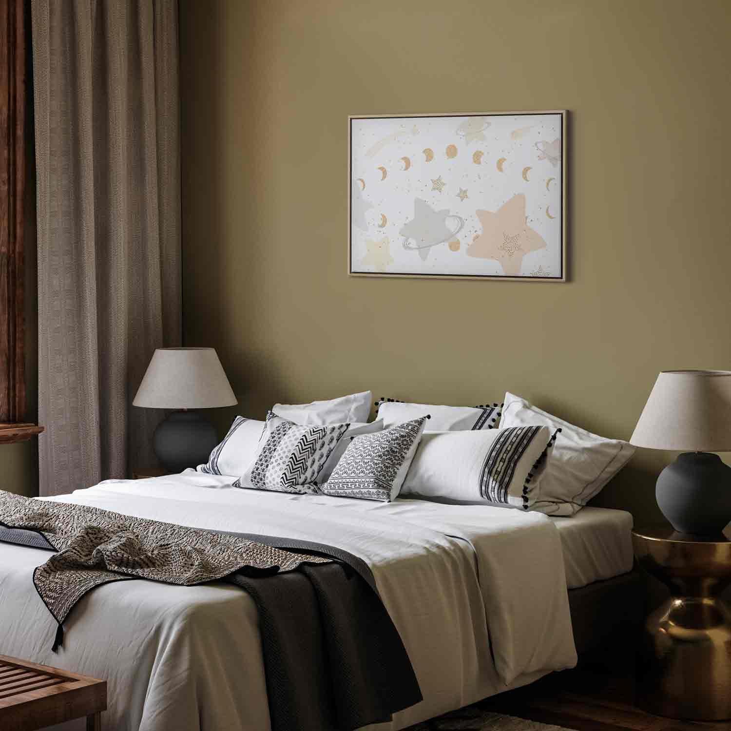 Leinwandbild - Fairy-Tale Galaxy - Phases of the Moon in Yellow Tones Among Stars in Beige and Ash Colors with Stardust Artgeist