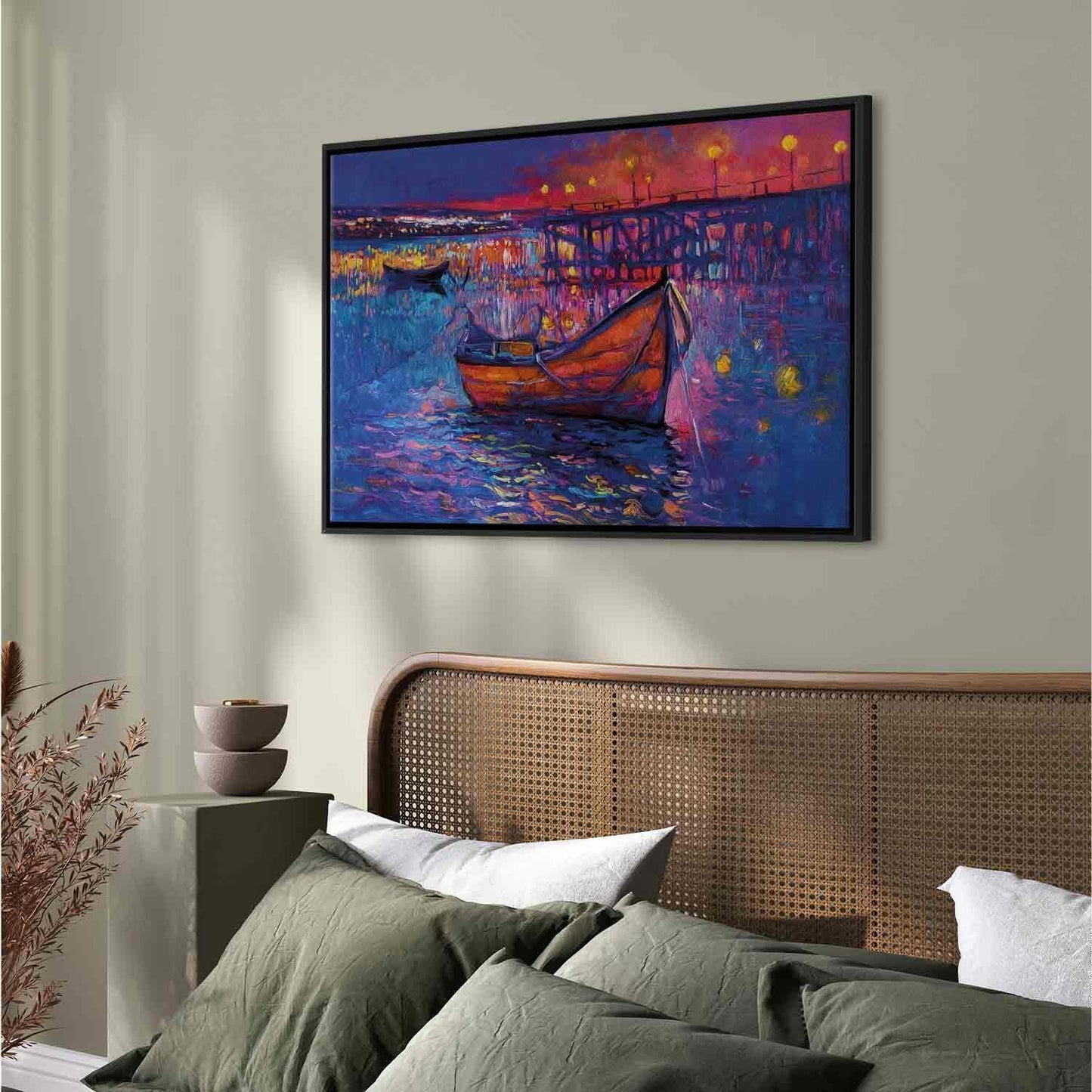 Leinwandbild - Modern impressionism - night landscape of a lake with a floating boat