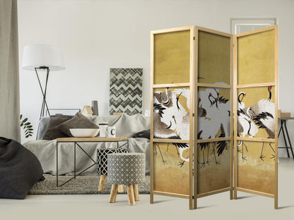 Japanischer Paravent - Japanese cranes - a flock of birds against a golden background based on a painting by Ishida Yūtei
