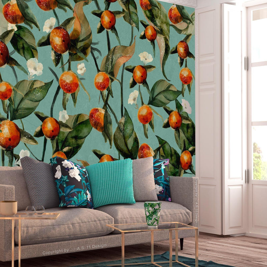 Fototapete - Orange grove - plant motif with fruit and leaves on a blue background Artgeist