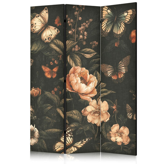 Paravent - Mysterious Garden - Butterflies Flying Over Flowers - Rustic Evening Artgeist