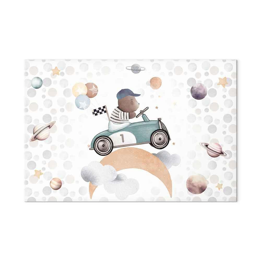 Leinwandbild - Galactic Races - A Bear Participating in Car Races Among Planets Clouds and Stars in Pastel Hues