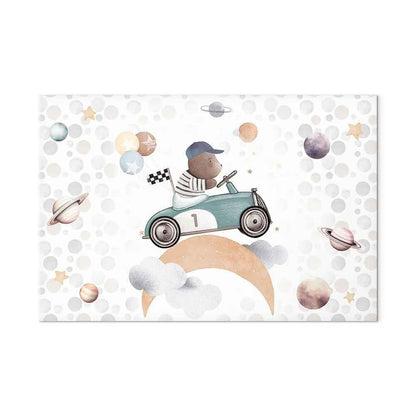 Leinwandbild - Galactic Races - A Bear Participating in Car Races Among Planets Clouds and Stars in Pastel Hues