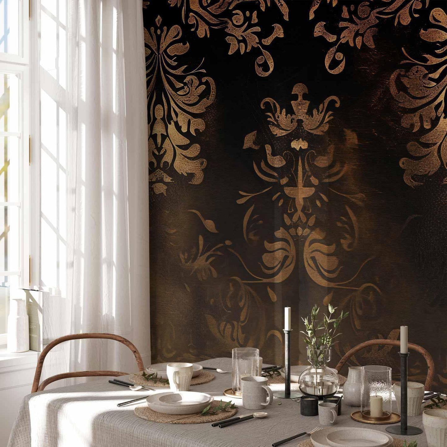 Fototapete - Baroque Ornaments in Patinated Gold and Browns: Retro Motif