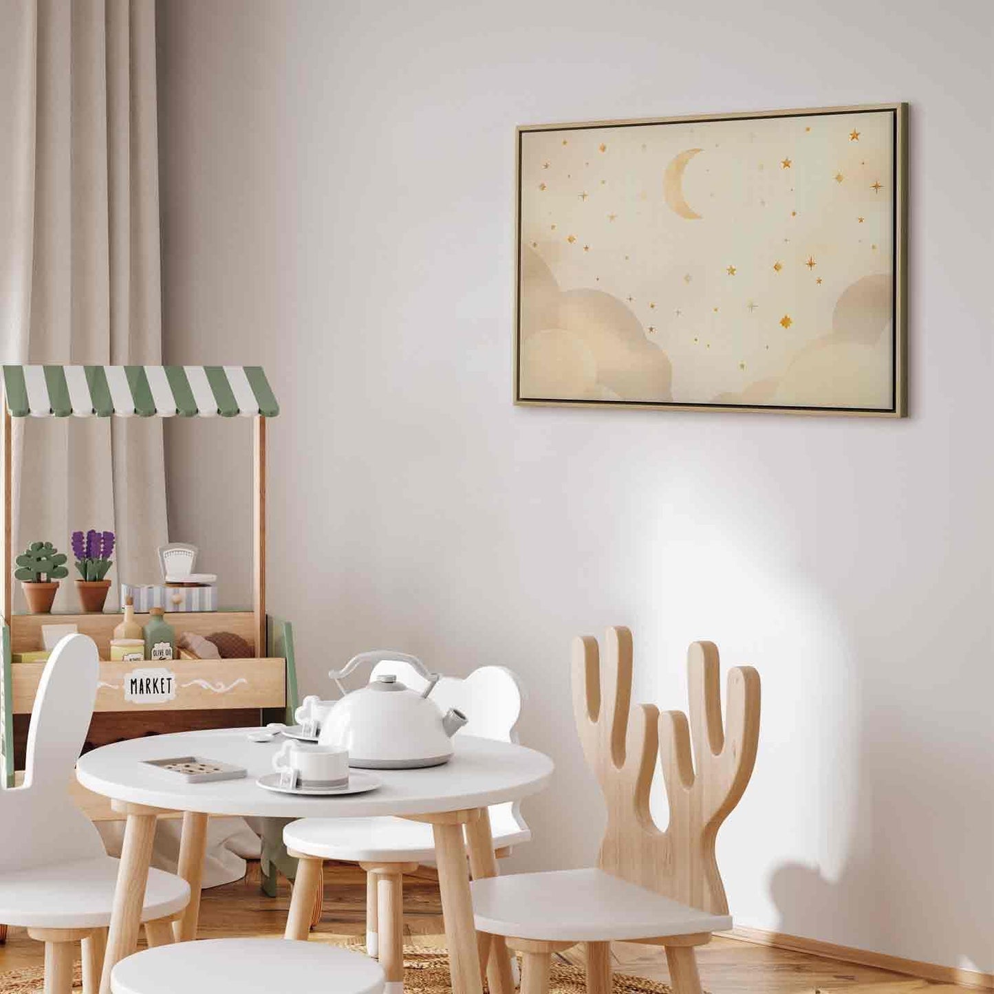 Leinwandbild - Bright Night - Moon Accompanied by Many Stars on a Light Background