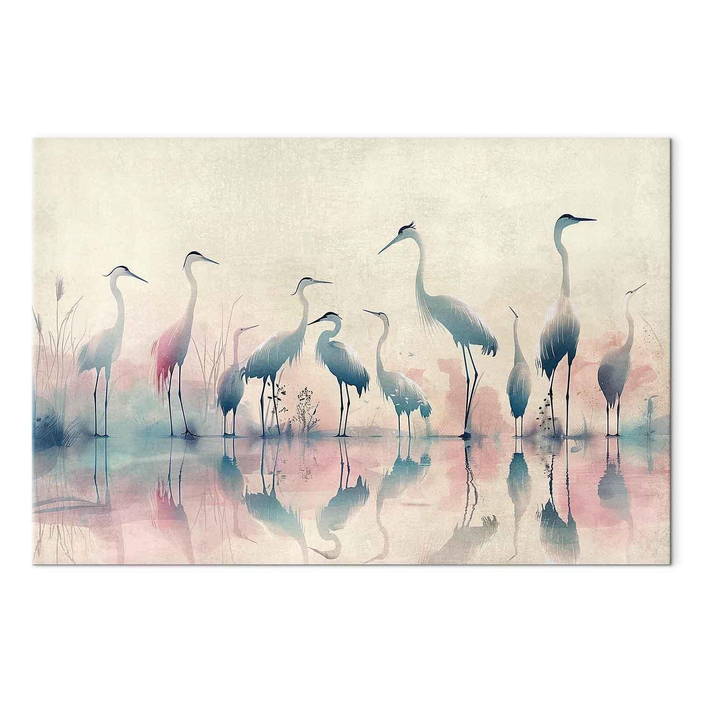 Leinwandbild - Birds by the lake - herons painted in watercolour in delicate grey and pink colours