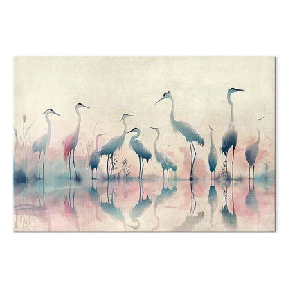 Leinwandbild - Birds by the lake - herons painted in watercolour in delicate grey and pink colours