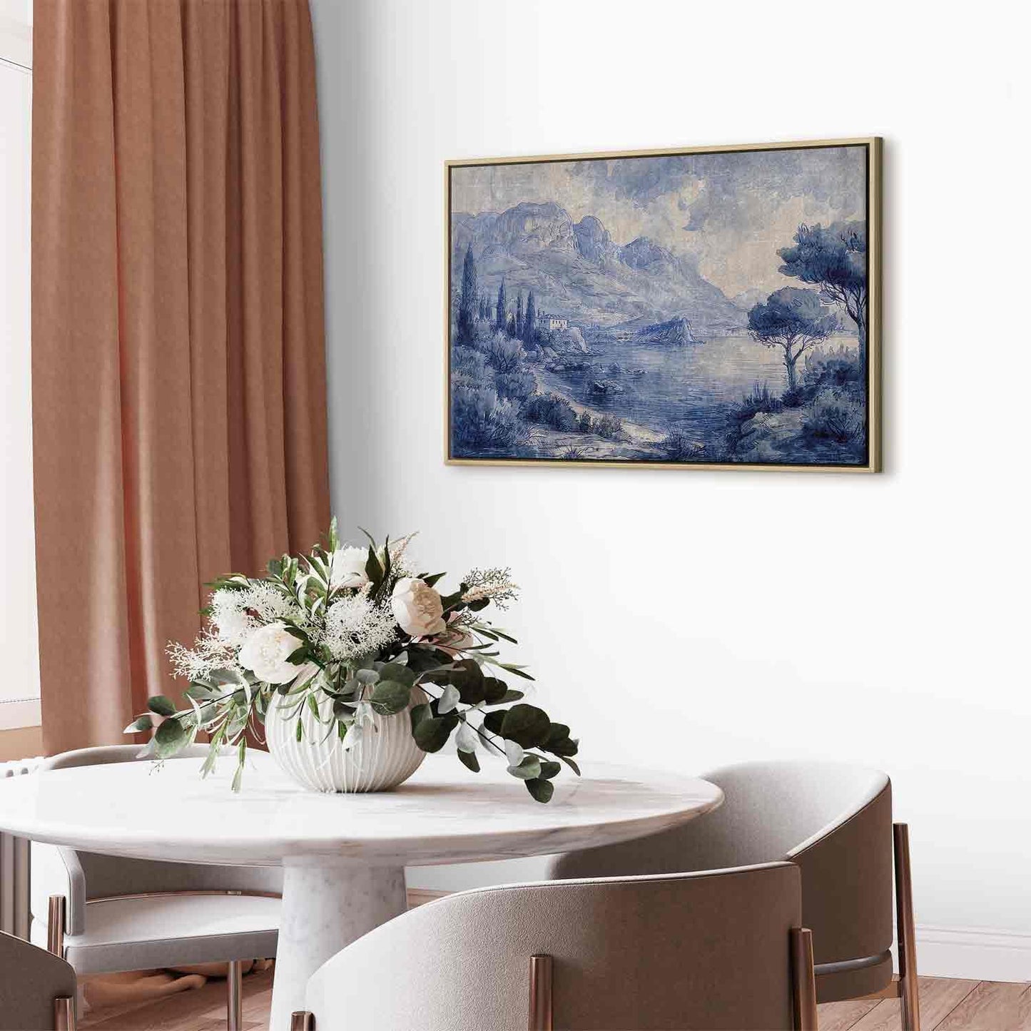 Leinwandbild - Blue Bay - Italian landscape of Lake Como painted with blue ink