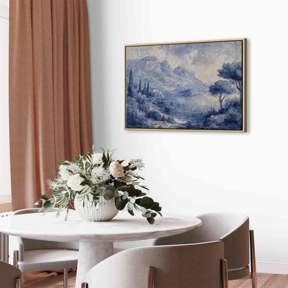 Leinwandbild - Blue Bay - Italian landscape of Lake Como painted with blue ink