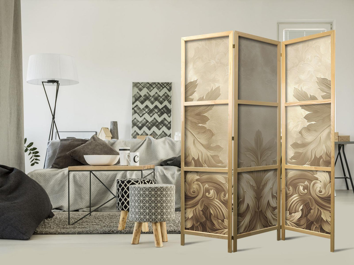 Japanischer Paravent - Stone Baroque Ornaments in Light Shades of Gray-Blue