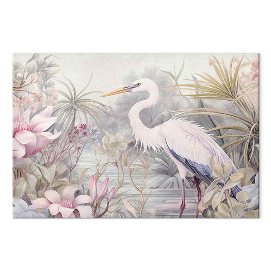 Leinwandbild - Heron wading in a pond - illustration in bright colours