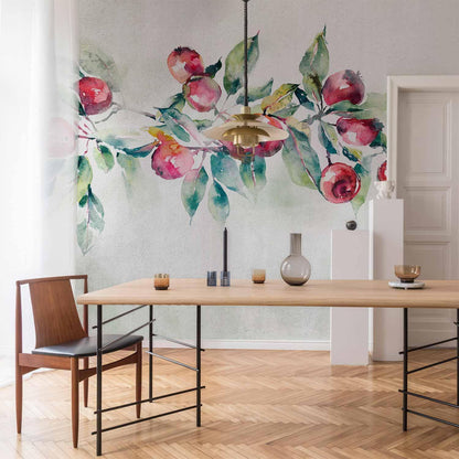 Fototapete - Apple branch - landscape with a plant and red apples on a white background