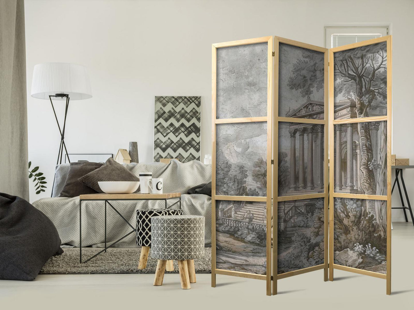 Japanischer Paravent - Antique Landscape - Greek Temple on a Hill Among Lush Vegetation