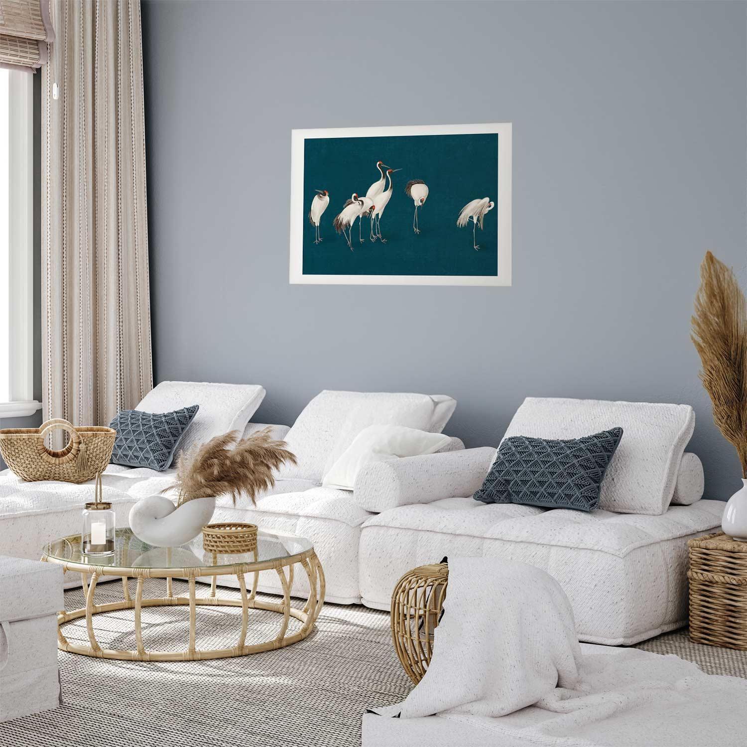 Poster - Evening at the Pond - group of cranes drawn in dry pastel on a dark turquoise background Artgeist