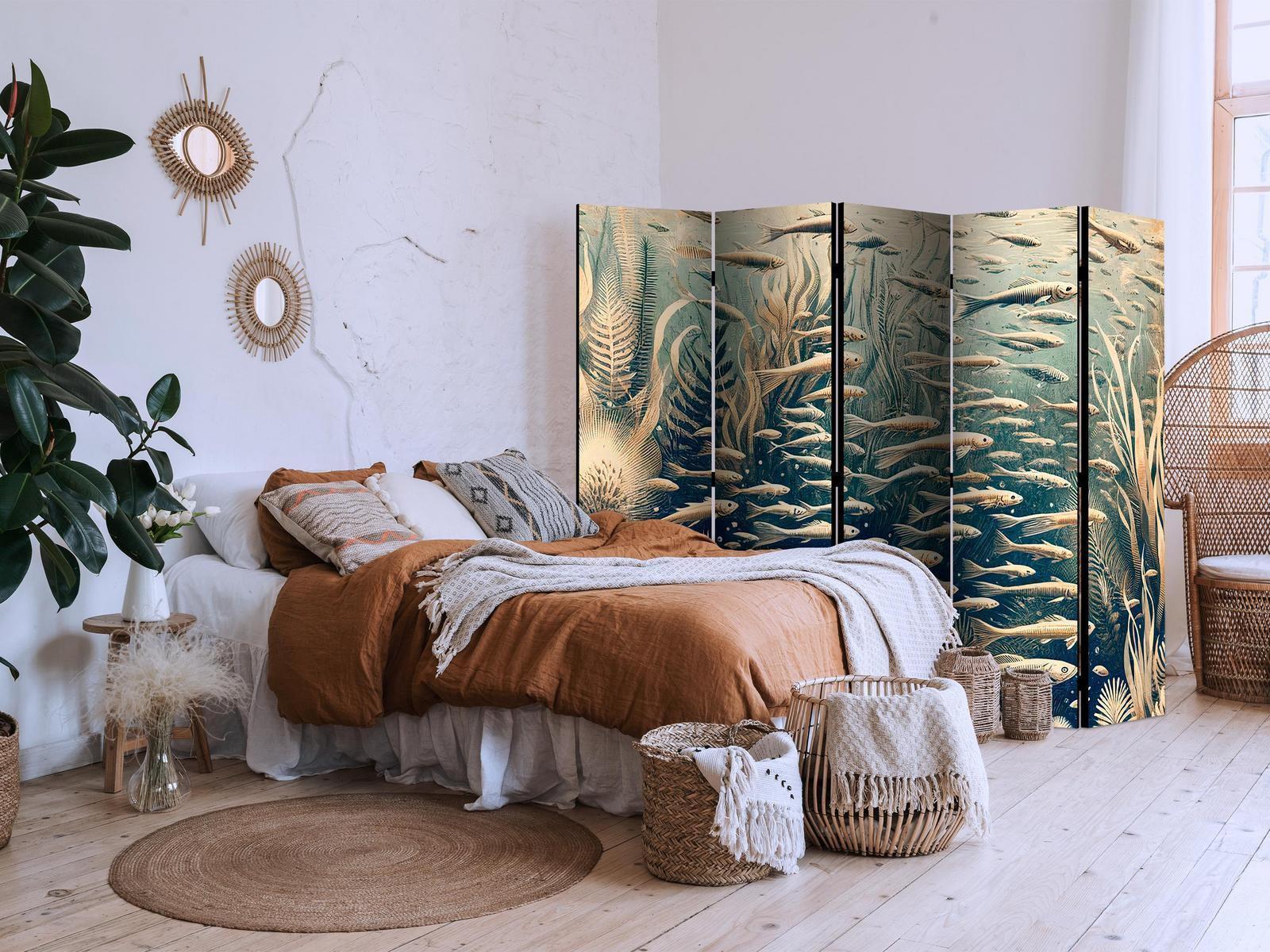 Paravent - Life in The Ocean - Underwater World of Fish And Vegetation in Beige And Navy Colors in Retro Style Artgeist