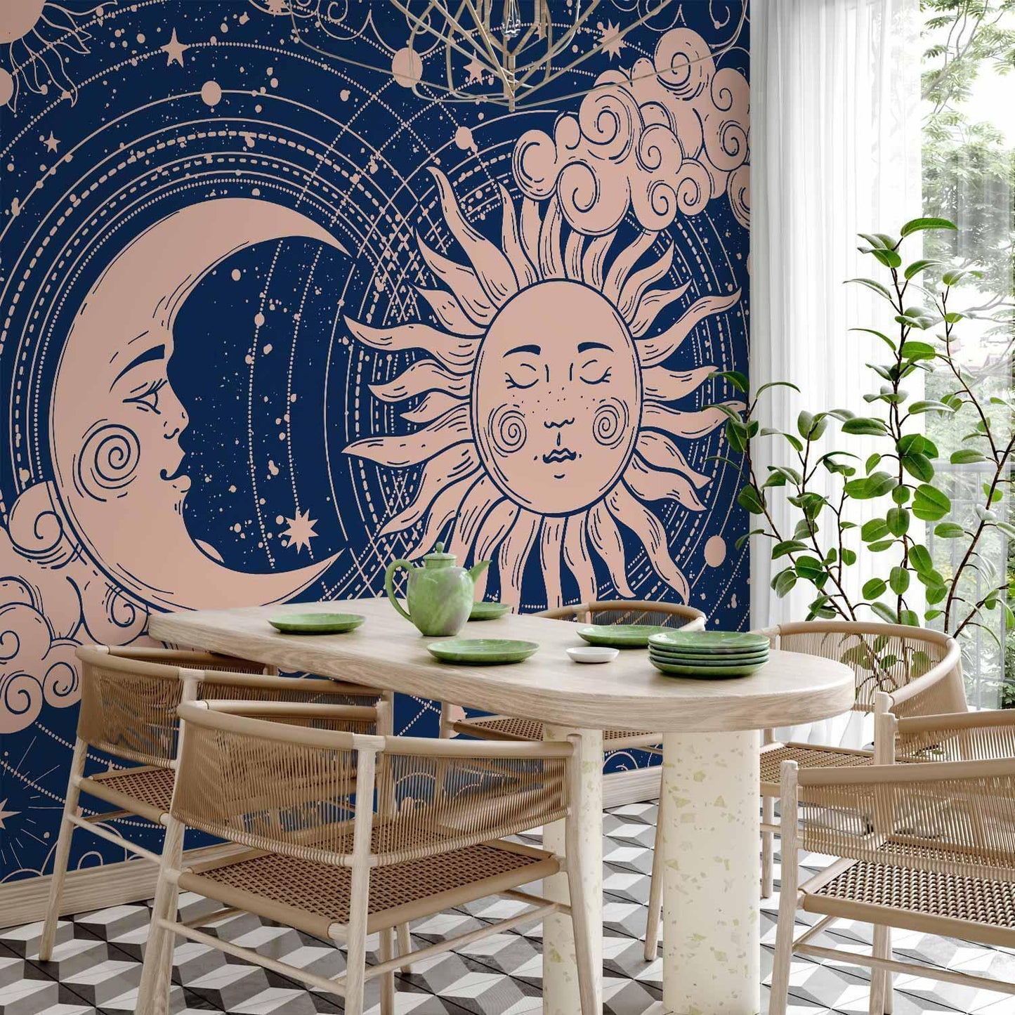 Fototapete - Cosmic Harmony - Illustration of the Sun and Moon on a Navy Background