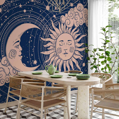 Fototapete - Cosmic Harmony - Illustration of the Sun and Moon on a Navy Background