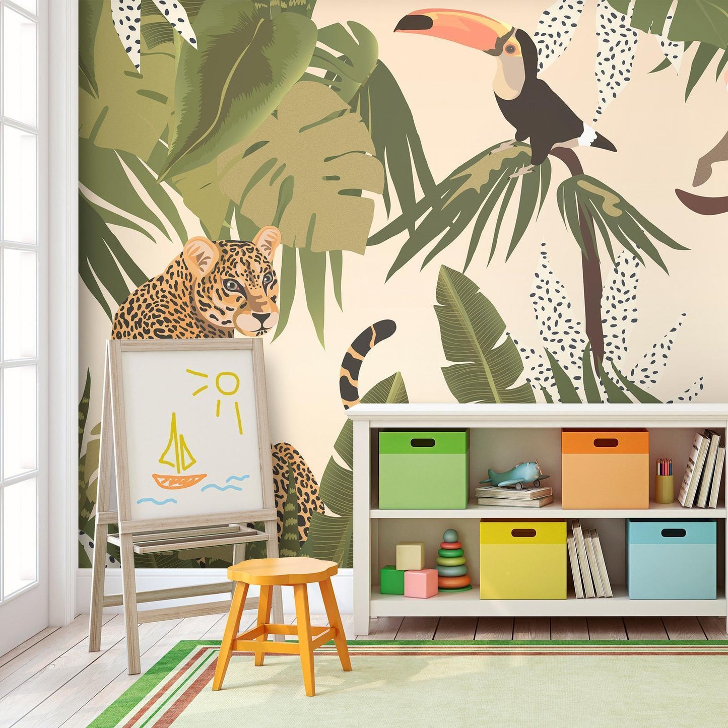 Fototapete - Leaves and Shapes - Jungle in Faded Colours With Animals Artgeist