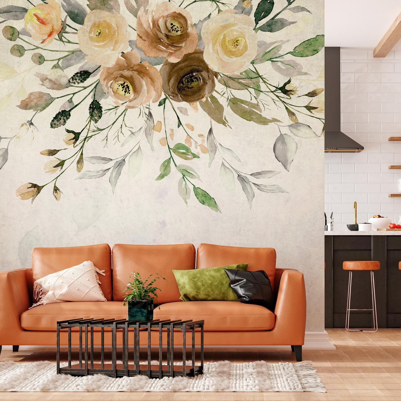 Fototapete - Summer bloom - retro floral motif with flowers and leaves with patterns Artgeist