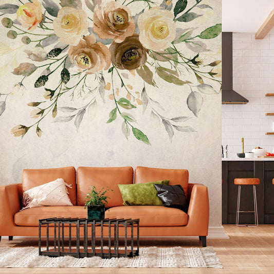 Fototapete - Summer bloom - retro floral motif with flowers and leaves with patterns Artgeist