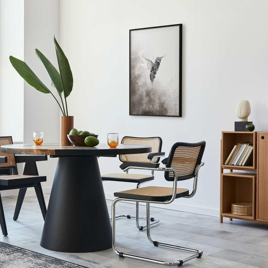 Ethnic Hummingbird poster in modern dining room decor.