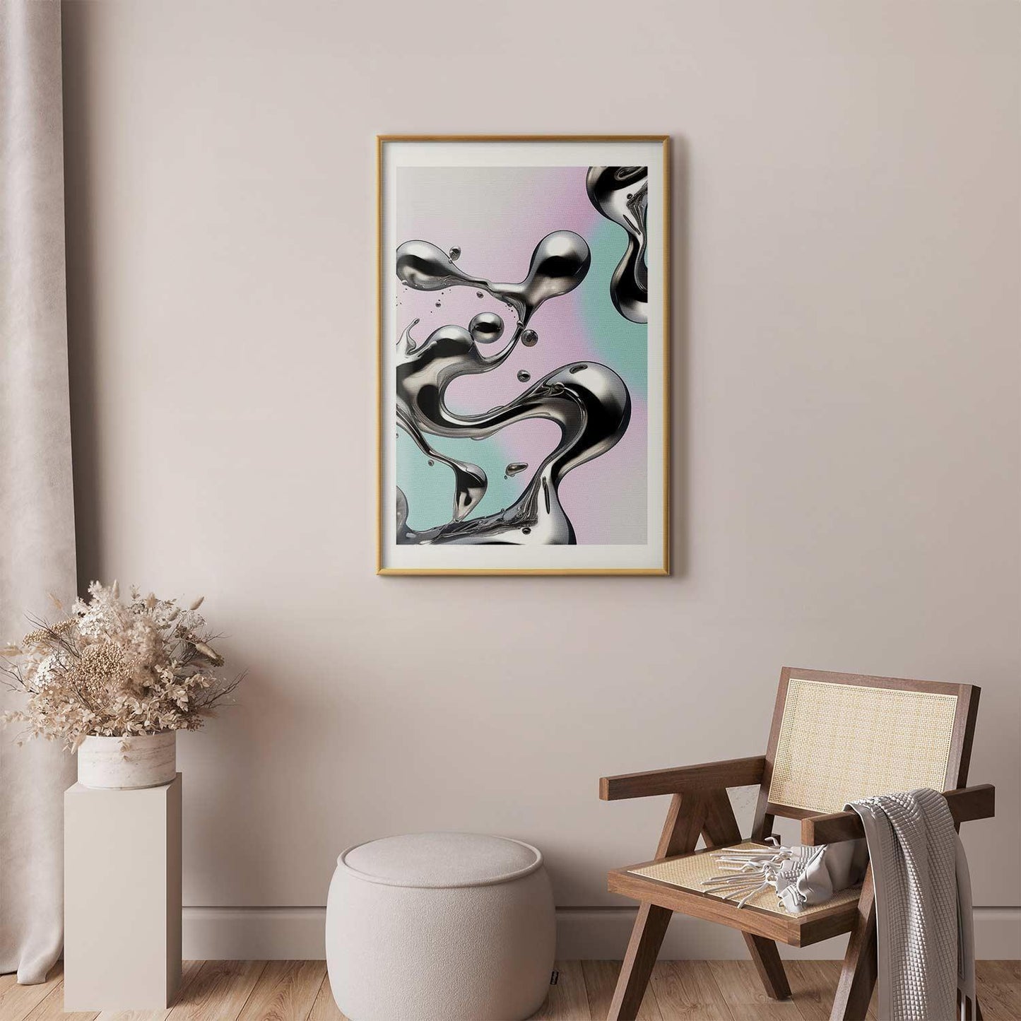 Poster - Metallic Fluidity - abstract silver forms on a mint-purple background