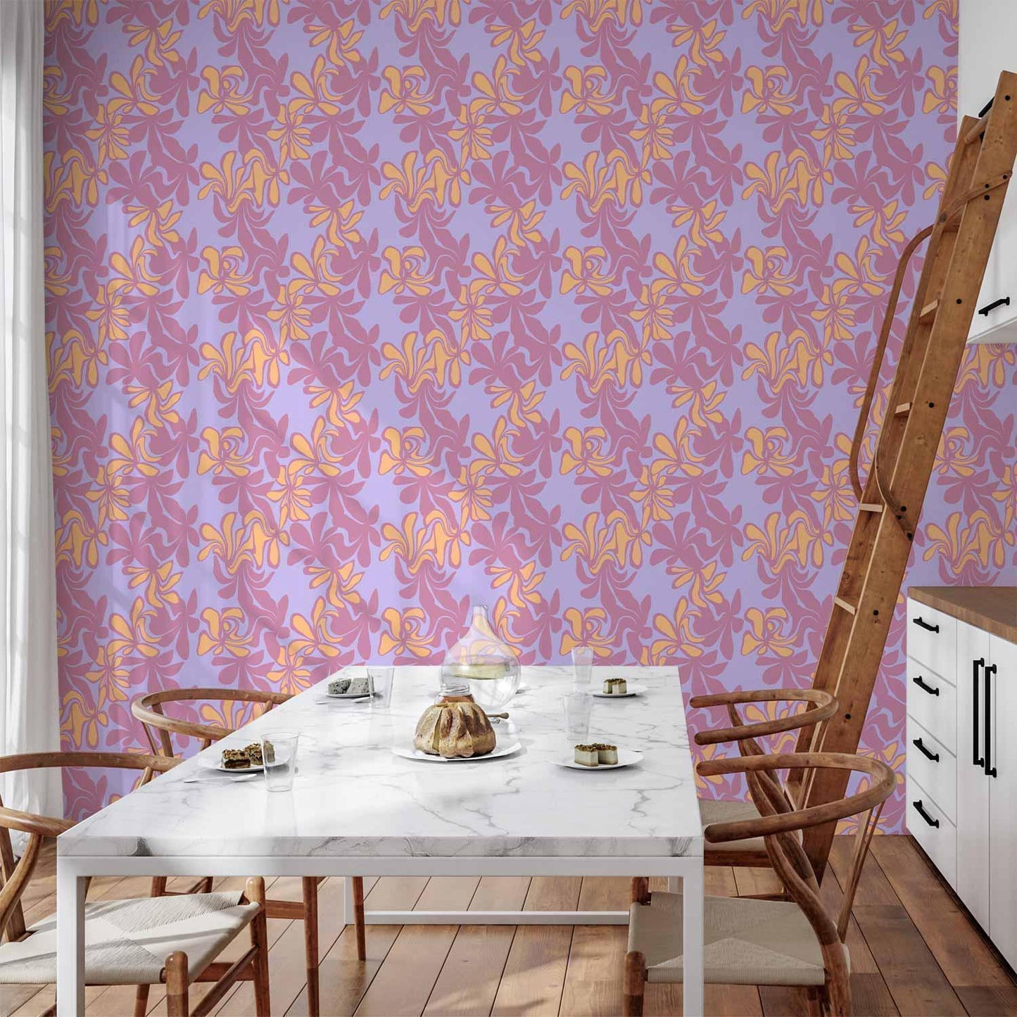 Tapete - Exotic - Two-Tone Flowers - Flowers in purple and orange on a blue background