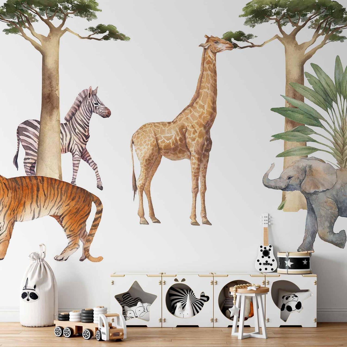 Fototapete - Jungle Animals on White Background Made With Watercolour Technique Artgeist