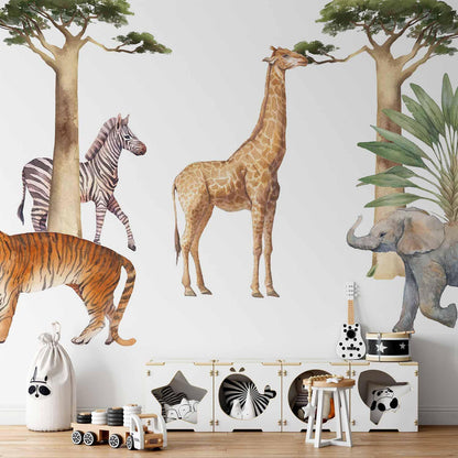 Fototapete - Jungle Animals on White Background Made With Watercolour Technique Artgeist