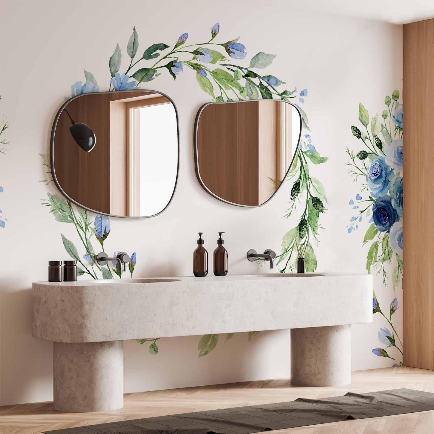 Fototapete - Romantic wreath - plant motif with blue flowers and leaves