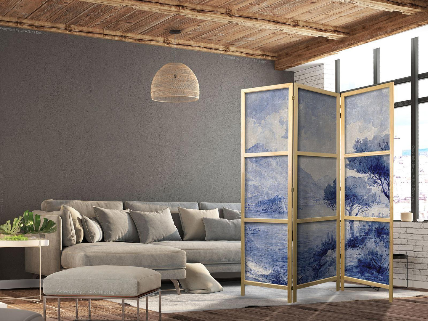 Japanischer Paravent - Italian Landscape - Lake Como Painted in Shades of Blue Artgeist