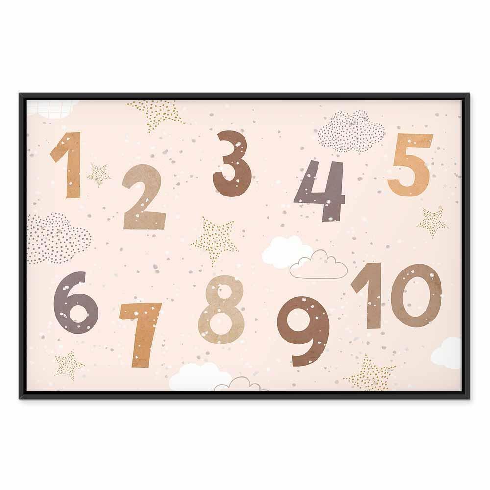 Leinwandbild - Jumping Numbers - Numbers in a Subdued Beige-Brown Hue Among Snowflakes Stars and Clouds