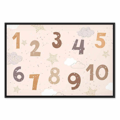Leinwandbild - Jumping Numbers - Numbers in a Subdued Beige-Brown Hue Among Snowflakes Stars and Clouds