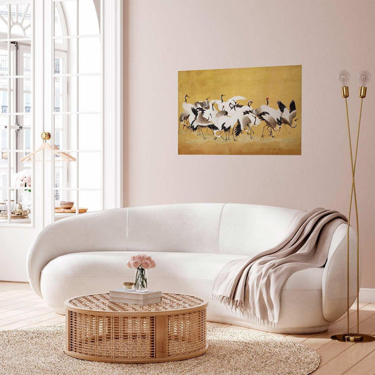 Poster depicting Japanese cranes against a golden background, inspired by Ishida Yūtei's painting, ideal for home decor.