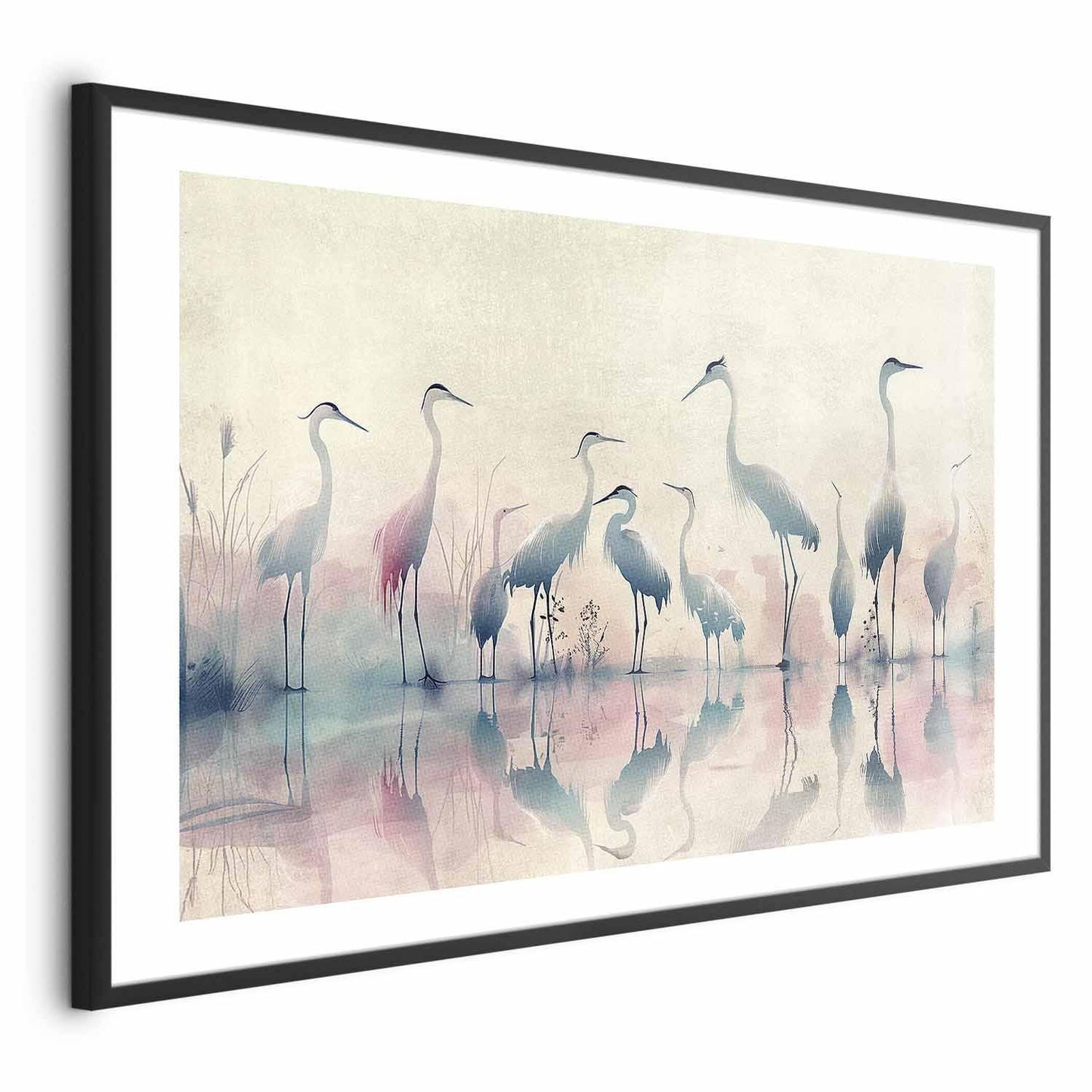Watercolor poster of herons by the lake in a gray-pink palette.