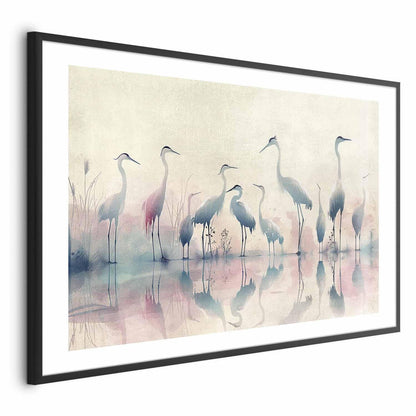 Watercolor poster of herons by the lake in a gray-pink palette.