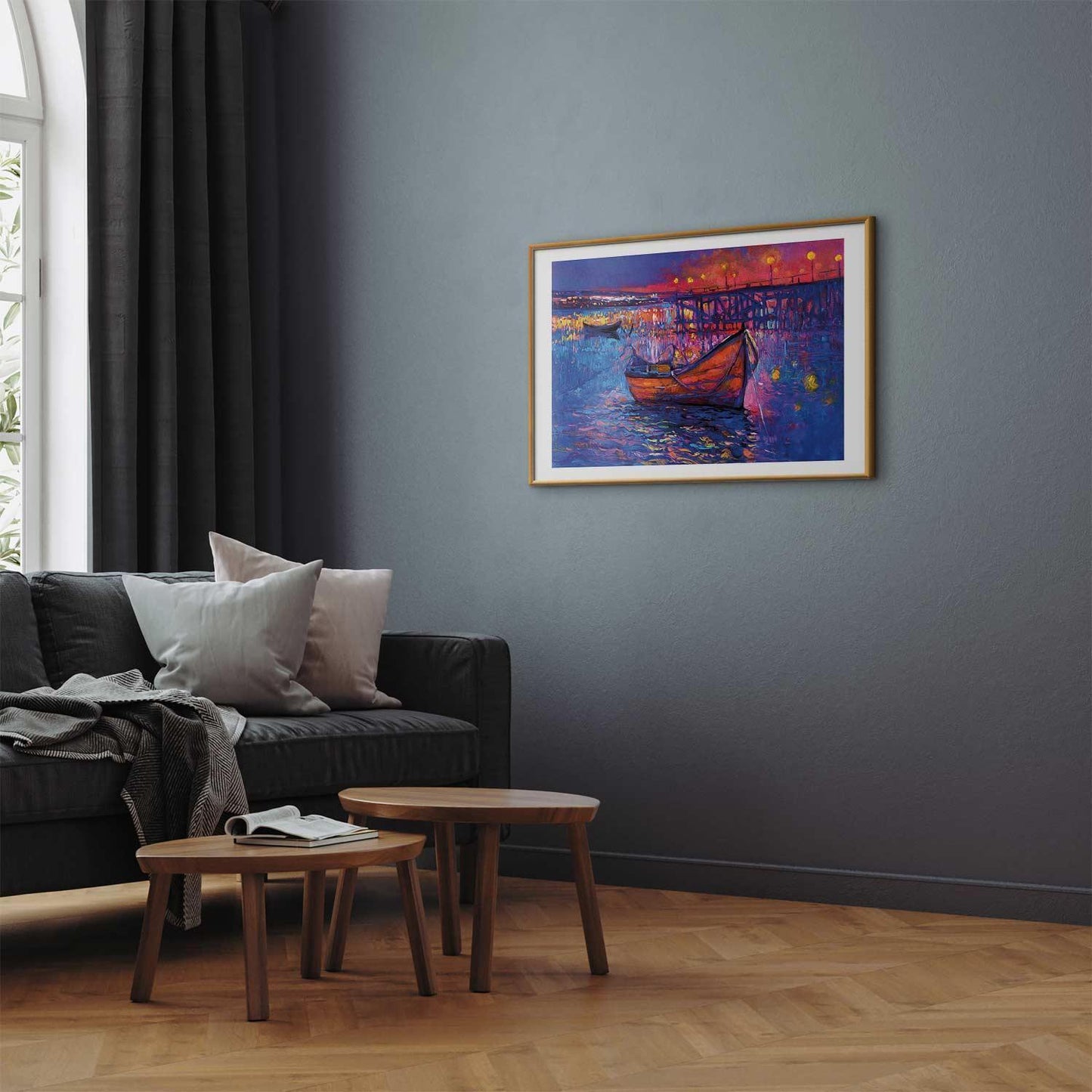 Poster - Modern impressionism - night landscape of a lake with a floating boat