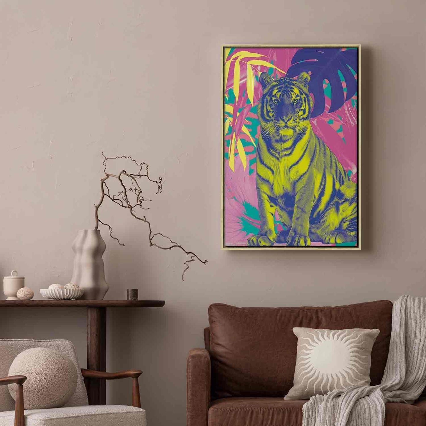 Leinwandbild - Colorful Tiger - Intense Colors of a Tiger Surrounded by Tropical Plants Artgeist
