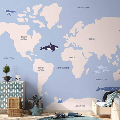 Fototapete - Pastel Planet - Animals and Underwater Plants on a Map