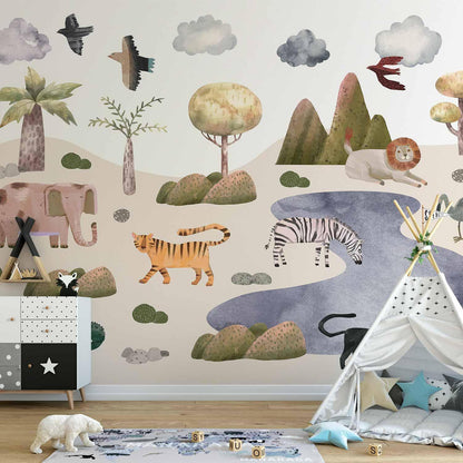 Fototapete - Africa for Toddlers - Savannah Animals in Pastel Colours Artgeist