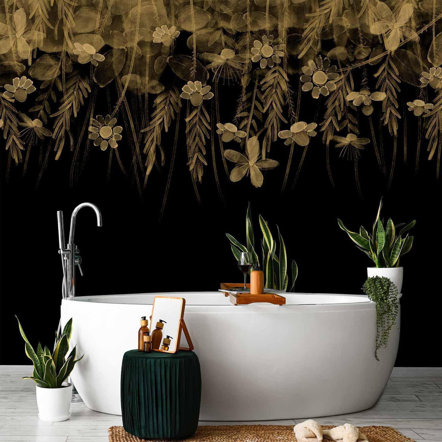 Fototapete - Nature landscape - black abstract nature motif with flowers in sepia