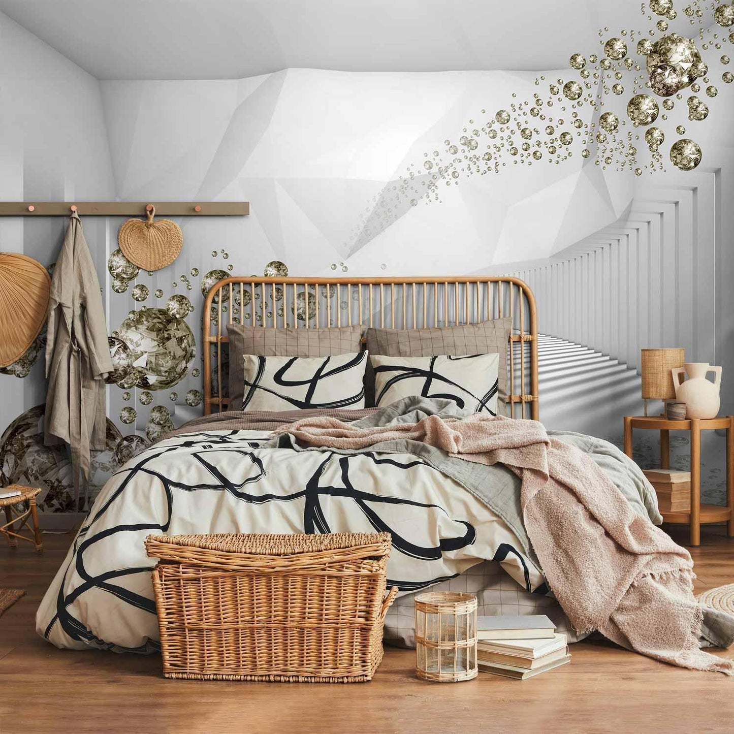 Fototapete Diamant-Kugeln Gold – Schwebende Tropfen mit 3D-Effekt