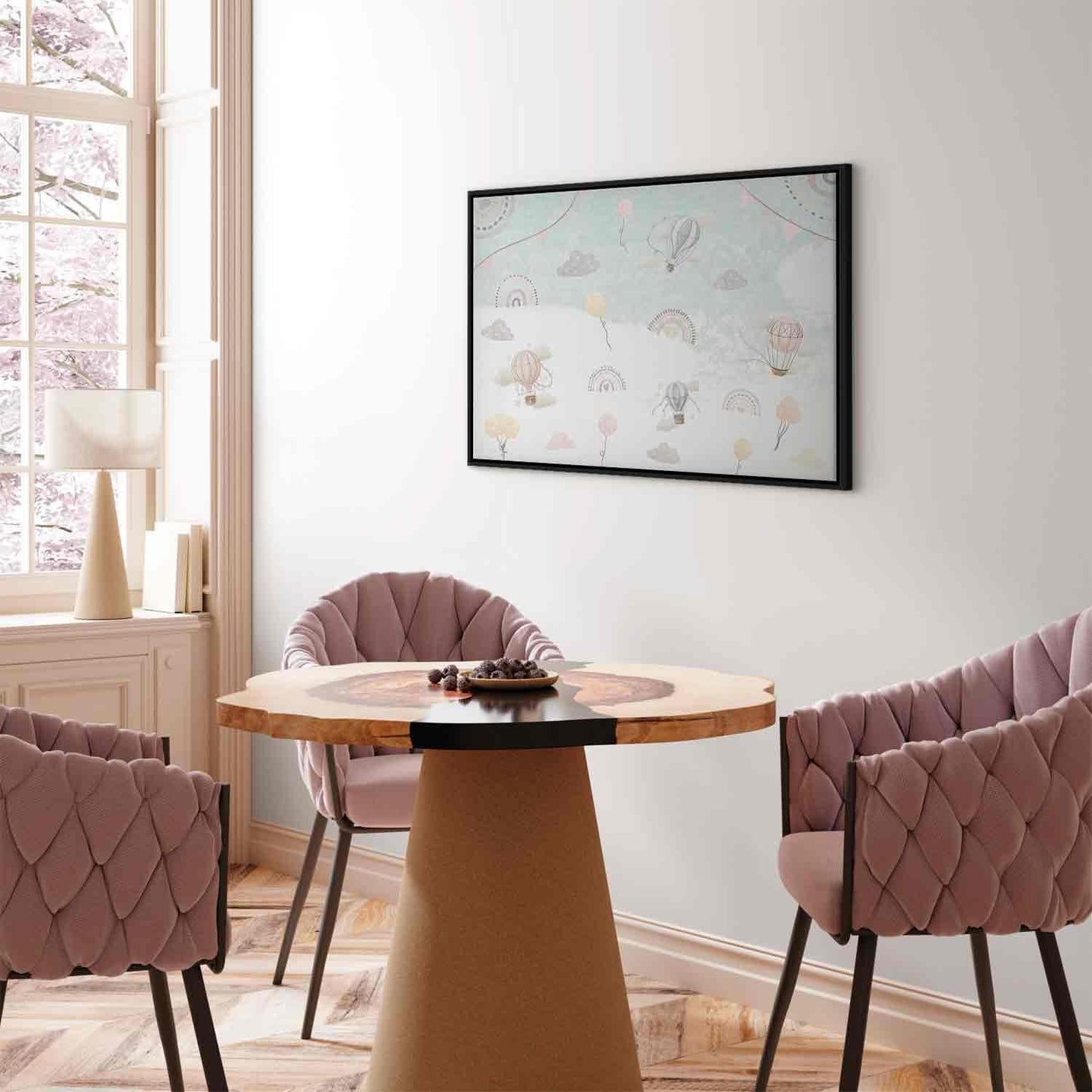 Leinwandbild - Sky with Balloons - Balloons in Subdued Colors Flying in the Sky Among Clouds Rainbows and Stars